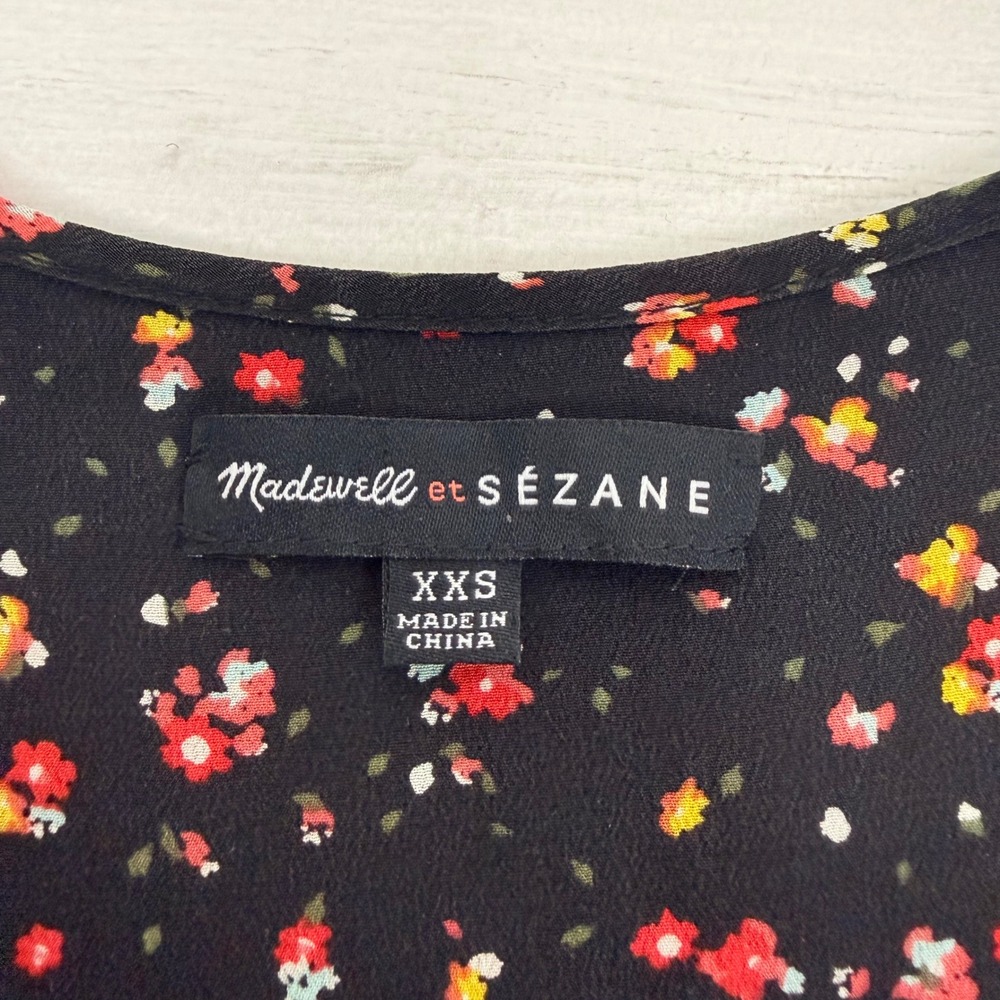 Madewell et‎ Sezane Elly Silk Mini Dress XXS Black Floral Print V Neck Parisian - Picture 8 of 14
